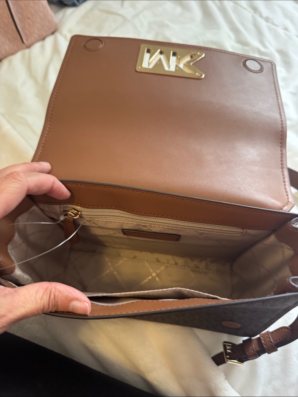 Michael Kors Dark Brown MK Monogram Messenger Bag with Gold Logo - Picture 5 of 10